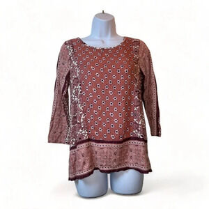Lucky Brand‎ Womens Boho Pink Floral Blouse Sz S Peasant Bohemian Slit Cowgirl
